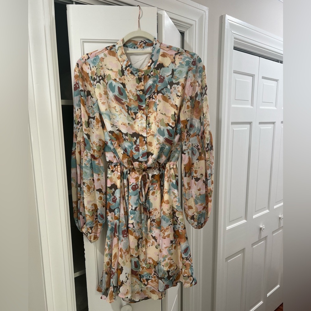 Floral Print Long Sleeve Women's Dress With Button Closure and Adjustable Waist
